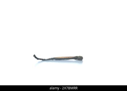 black matchstick ash after burning arranging on white background Stock Photo