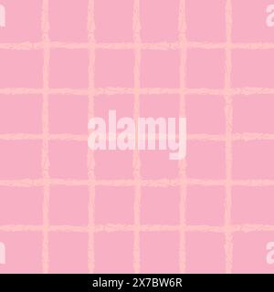 Vector hand drawn crayon checkered pattern. Grunge Doodle Plaid geometrical pink beige white brush texture. pencil Crossing lines. Abstract pattern Stock Vector