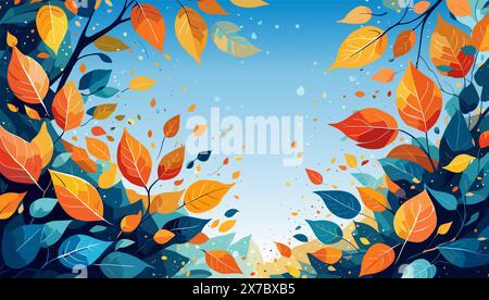 A colorful leafy background with a blue sky. Stock Vector