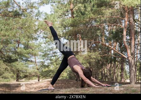 A young attractive woman in sportswear practices yoga in the forest. A girl in a dog pose with one leg raised. One-legged downward-facing dog pose. Stock Photo