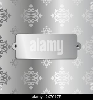 3D Name Engraving silver plate on floral silver background. Polished decorative steel metal plate background, steel metal texture surface Stock Vector