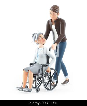 3d cartoon man pushing granny in wheelchair, illustration isolated on white background Stock Photo