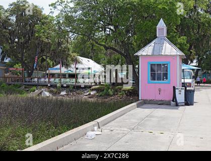 DAUFUSKIE ISLAND, SOUTH CAROLINA - April 6 2023: Freeport Marina and the Old Daufuskie Crab Company Restaurant viewed from the dock by the Cooper Rive Stock Photo