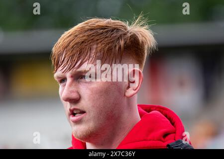 Manchester, UK. 18th May, 2024. YouTuber Angry Ginge at the Len Johnson celebrity football match versus FC United Legends at Broadhurst Park Stadium. The match is being organised to recognise former uncrowned boxing champion, Len Johnson and raise money for a proposed statue to be sited in Manchester. In attendance at the game were a host of celebrities such as local Mancunian rapper Lady Ice, popular YouTuber Angry Ginge, actor Lamin Touray and apprentice star Kayode Damali. Picture Garyroberts/worldwidefeatures.com Credit: GaryRobertsphotography/Alamy Live News Credit: GaryRobertsphotography Stock Photo