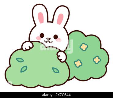 Cute cartoon rabbit hiding in bushes. Kawaii bunny funny vector illustration. Stock Vector