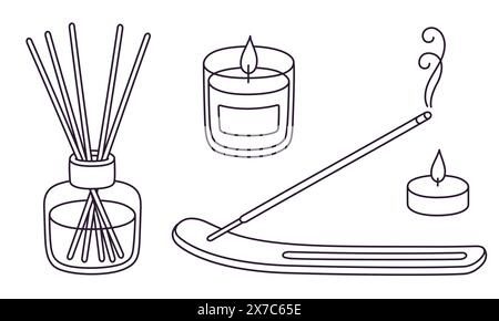 Home fragrance doodles set. Scented candles, reed aroma diffuser, incense stick. Black and white line art drawing. Cute vector illustration. Stock Vector