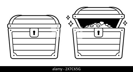 Cartoon treasure chest set, open and closed. Black and white line drawing. Pirate gold isolated vector illustration. Stock Vector