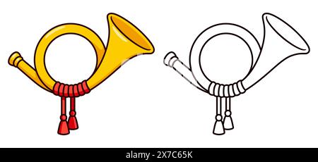 Post horn icon, color drawing and black and white line art. Traditional postal or hunting horn cartoon design. Vector clip art illustration. Stock Vector