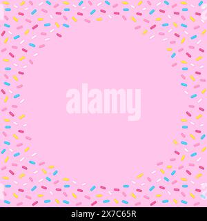 Sugar sprinkles circular frame on pink background. Donut glaze or birthday cake decoration. Fun cartoon vector design for web banner or poster. Stock Vector