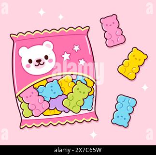 Cute cartoon bag of gummy bears. Kawaii bear shaped candy vector clip art Illustration. Stock Vector