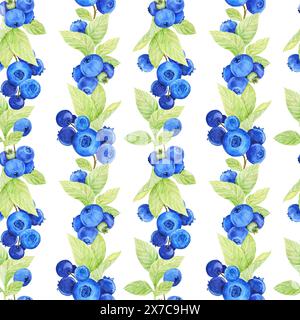 Blueberry watercolor pattern. Seamless pattern of ripe berries on a white background. Botanical hand drawn illustration for fabric, textile, wallpaper Stock Photo