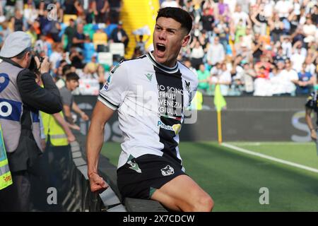 Udine, Italia. 19th May, 2024. Udinese's Nehuen Perez celebrates the Serie A soccer match between Udinese and Empoli at the Bluenergy Stadium in Udine, north east Italy - Sunday, May 19, 2024. Sport - Soccer (Photo by Andrea Bressanutti/Lapresse) Credit: LaPresse/Alamy Live News Stock Photo