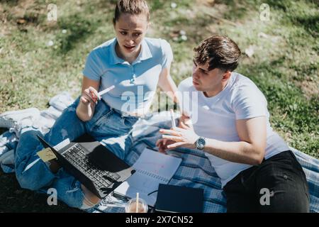 Two students studying together on a sunny day in the park Stock Photo