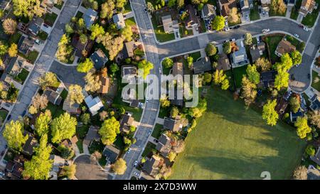 spring sunrise over residential area of Fort Collins in Colorado, aerial panorama Stock Photo