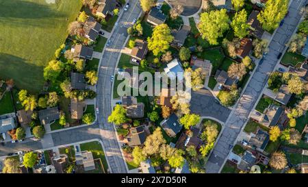 spring sunrise over residential area of Fort Collins in Colorado, aerial panorama Stock Photo