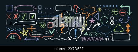 Hand drawn crayon texture design elements. Chalk pencil sketch set of arrows, speech bubbles, underline, hash tag, punctuation marks. Vector sketchy doodle charcoal lines, crosses, checkboxes or ticks Stock Vector