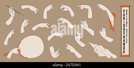 A set of illustrations of women's hands in ukiyo-e style. Stock Vector