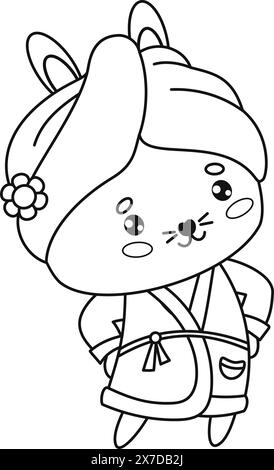 Cute bunny in bathrobe and with towel on head after bath time. Outline cartoon kawaii character animal. Line drawing, coloring book. Vector illustrati Stock Vector