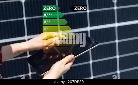Energy Source Labelling Renewable energy sources with energy label. Arrow points to Zero Stock ...