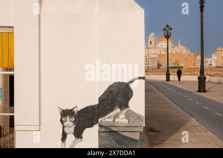 A mural of a cat painted on a nursery school along the Vendaval oceanfront promenade in Cadiz, Spain. The waterfront is known for a colony of wild cats that live along the sea wall. Stock Photo