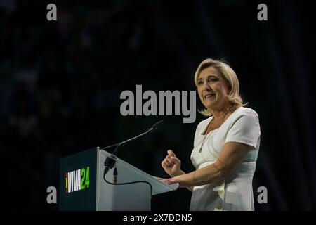 Madrid, Spain. 19th May, 2024. Marine Le Pen, deputy of the French National Assembly and candidate for the Presidency of the Republic of France, delivers her speech during the Europa Viva 2024 event, held at the Vistalegre Palace. The Europa Viva 2024 convention of the Spanish far-right party VOX, brought together several right-wing European politicians such as Marine Le Pen, Giorgia Meloni, Viktor Orban and from Latin America, was attended by the Argentine president Javier Milei. Credit: SOPA Images Limited/Alamy Live News Stock Photo