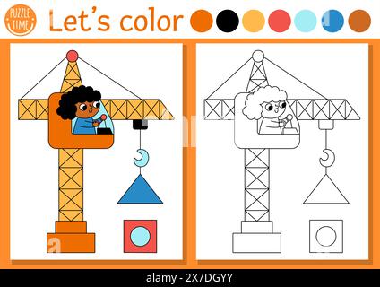 Construction site coloring page for children with lifting crane with load. Vector repair works outline illustration. Color book for kids with colored Stock Vector