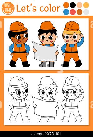 Construction site coloring page for children with builder, engineer, architect. Vector repair works outline illustration. Color book for kids with col Stock Vector