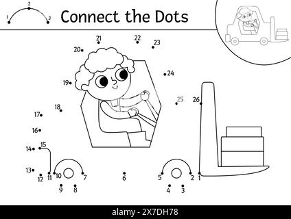 Vector construction site dot-to-dot and color activity with forklift. Building works line connect the dots game for children. Printable worksheet or c Stock Vector