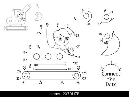 Vector construction site dot-to-dot and color activity with excavator. Building works line connect the dots game for children. Printable worksheet or Stock Vector