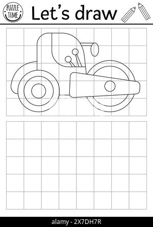 Draw the road roller. Vector construction site drawing practice worksheet with industrial vehicle. Printable black and white activity for kids. Copy o Stock Vector