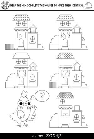 Black and white find differences, logical and drawing game for kids. Construction site educational activity with houses. Complete houses to make them Stock Vector