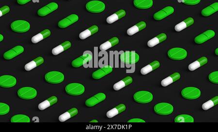 Many white green capsules, tablets and pills on black background, tablet grid. Drug, tablet, pills top flat view. 3d render illustration Stock Photo