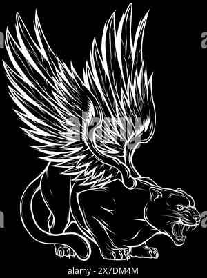 wild panther in white line on black background vector illustration Stock Vector