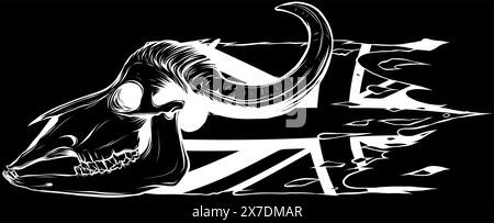 Bull skull in white line on black background Stock Vector