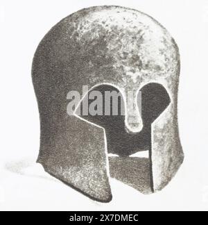 Ancient Greek bronze helmet from the Greco-Persian Wars. Photo from the mid-20th century. Stock Photo