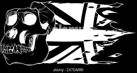 Monkey skull in white line on black background Stock Vector