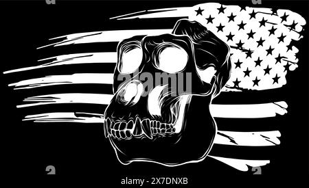 monkey skull in white line on black background Stock Vector