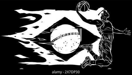 Basketball player in white line on black background Stock Vector