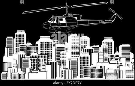 Helicopter in white line on black background Stock Vector