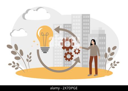 Application of a new idea in business. Implementation of business strategy. Light bulb and gears. New startup idea Stock Vector