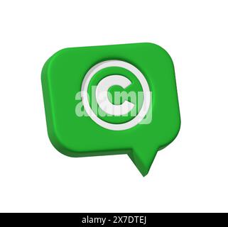 Copyright symbol button on Green Speech bubble. Business concept. Property rights. Product patenting. Registering trademark. Intellectual property. 3d Stock Photo