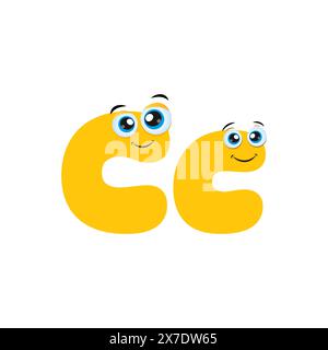 Cute Yellow Funny alphabet character Letter C Isolated on white background. Cartoon Illustration of Uppercase and Lowercase Letter C. Illustrated Alph Stock Vector