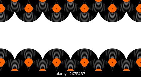 Repeating vinyl discs seamless pattern. Gramophone LP or long play music plates banner with empty space. 70s 80s 90s discotheque nostalgia background. Techno party concept. Vector flat illustration. Stock Vector