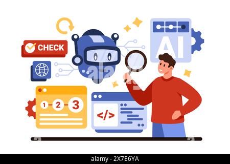 Stop fake news, AI technology control. Futuristic robot character and ...