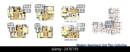Architectural illustration of modern apartment flat layout with furniture in living room, room, kitchen, dining room and balcony Stock Photo