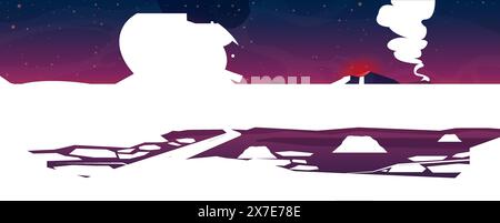 Volcano eruption with flowing magma river, nature disaster, apocalypse landscape. Volcanic scene with dangerous lava explosion from mountain volcano, night sky with stars cartoon vector illustration Stock Vector