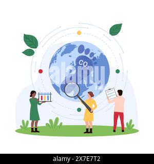 Carbon footprint impact analysis, global environmental pollution with CO2 research. Tiny people look through magnifying glass at Earth climate change, effect of emissions cartoon vector illustration Stock Vector