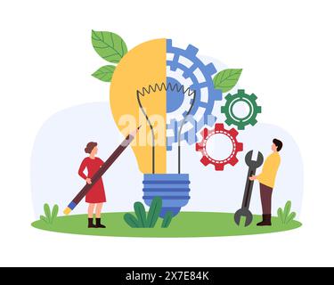 Teamwork for business project improvement, creative innovation idea. Tiny people with pencil and technical support tools work on machines gears inside big light bulb cartoon vector illustration Stock Vector