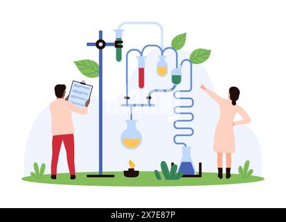 Chemistry and pharmacy research and scientific experiment in laboratory. Tiny people work with lab beakers and test tubes with samples of chemical liquids on holder cartoon vector illustration Stock Vector