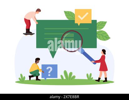 Social media communication, SMS notification in mobile app, message history search. Tiny people research chat bubble with magnifying glass, holding tick and question mark cartoon vector illustration Stock Vector